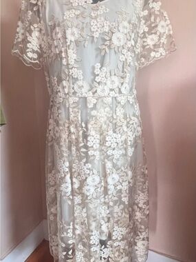 Tahari Ivory and Beige Floral Lace Wedding Dress